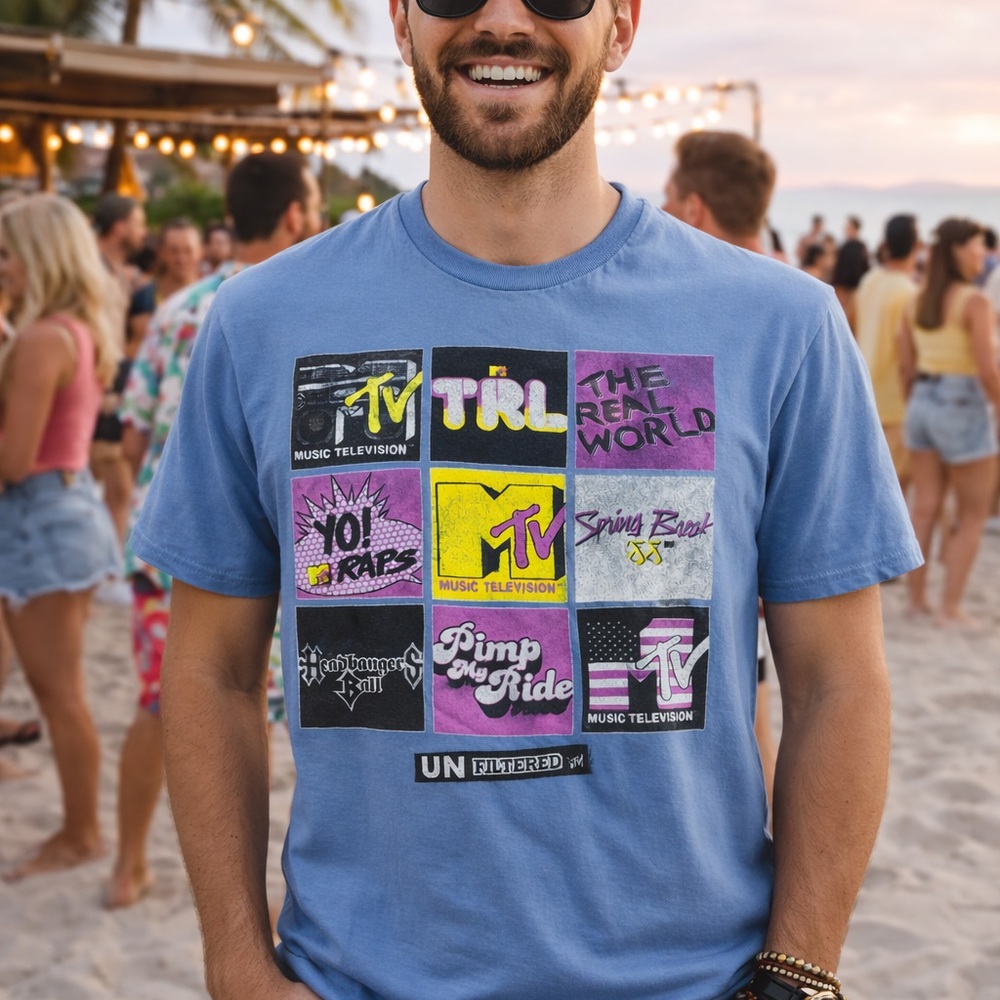 MTV Graphic Tee Men’s Medium – Retro Vintage‎ Multi-Logo Blue Shirt